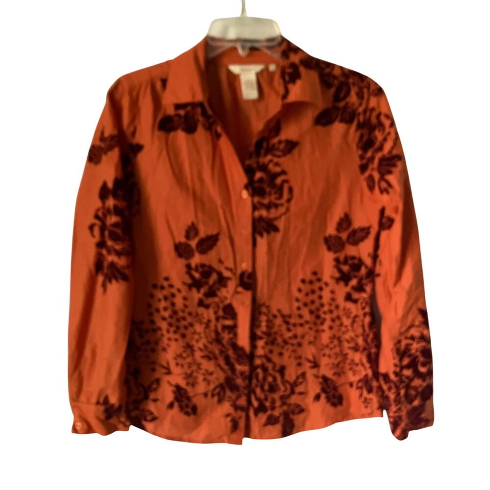 Sundance Shirt Womens Orange Burgundy Velvet Vignette Floral Top Roll Tab Small